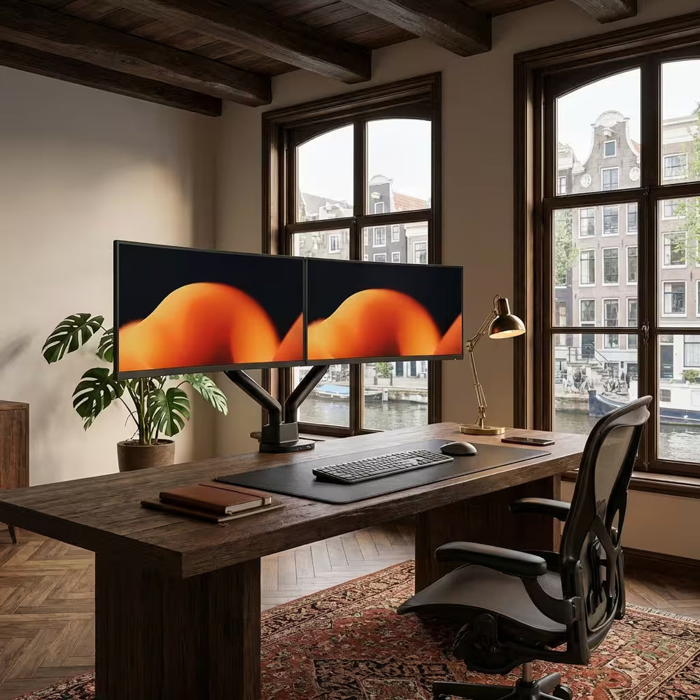 Supporto doppio monitor Alberenz con molla a gas - Fino a 35" - Con USB - Nero
