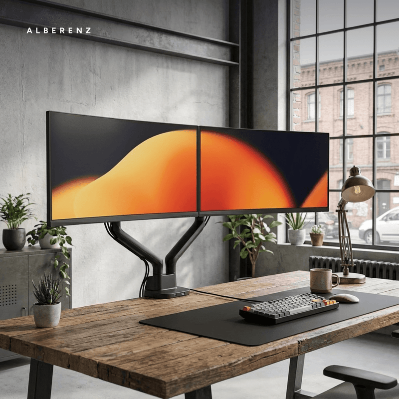 Supporto doppio monitor Alberenz con molla a gas - Fino a 35" - Con USB - Nero