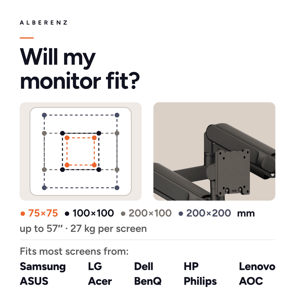 Alberenz® Dubbele Heavy Duty monitorbeugel met gasveer (2 schermen tot 57 inch)