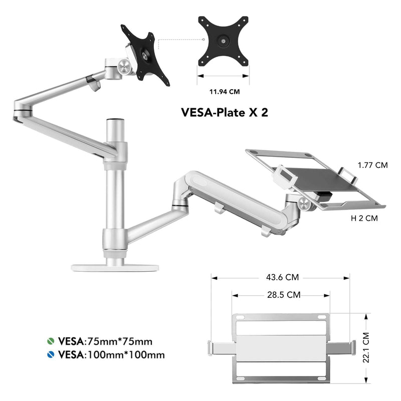 Alberenz® laptop monitor arm with gas spring silver