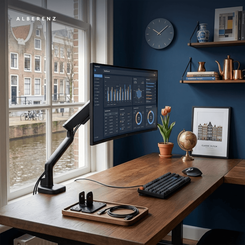 Alberenz® Enkele Monitorarm - Tot 40 inch - met USB-C & USB-A - Zwart