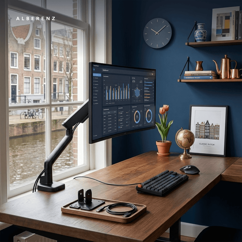 Alberenz® Enkele Monitorarm - Tot 40 inch - met USB-C & USB-A - Zwart