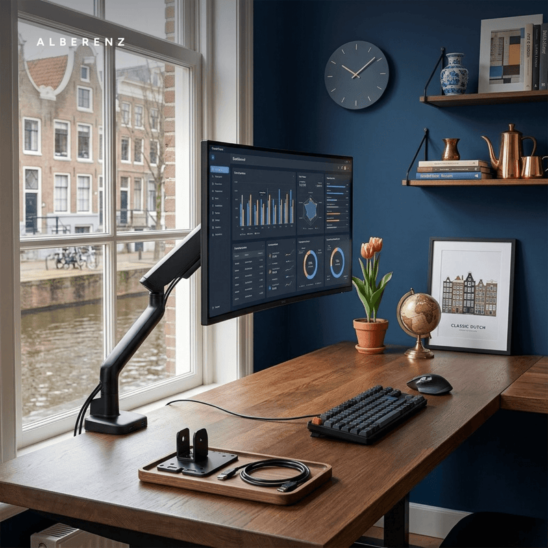 Alberenz® Enkele Monitorarm - Tot 40 inch - met USB-C & USB-A - Zwart