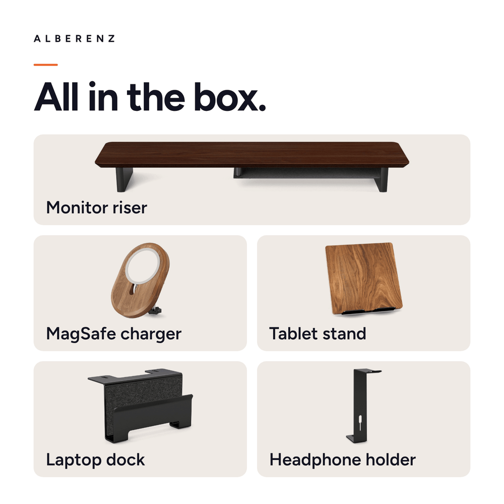 Lot : rehausseur d'écran en noyer + chargeur MagSafe + support pour ordinateur portable + support pour tablette + support pour casque audio