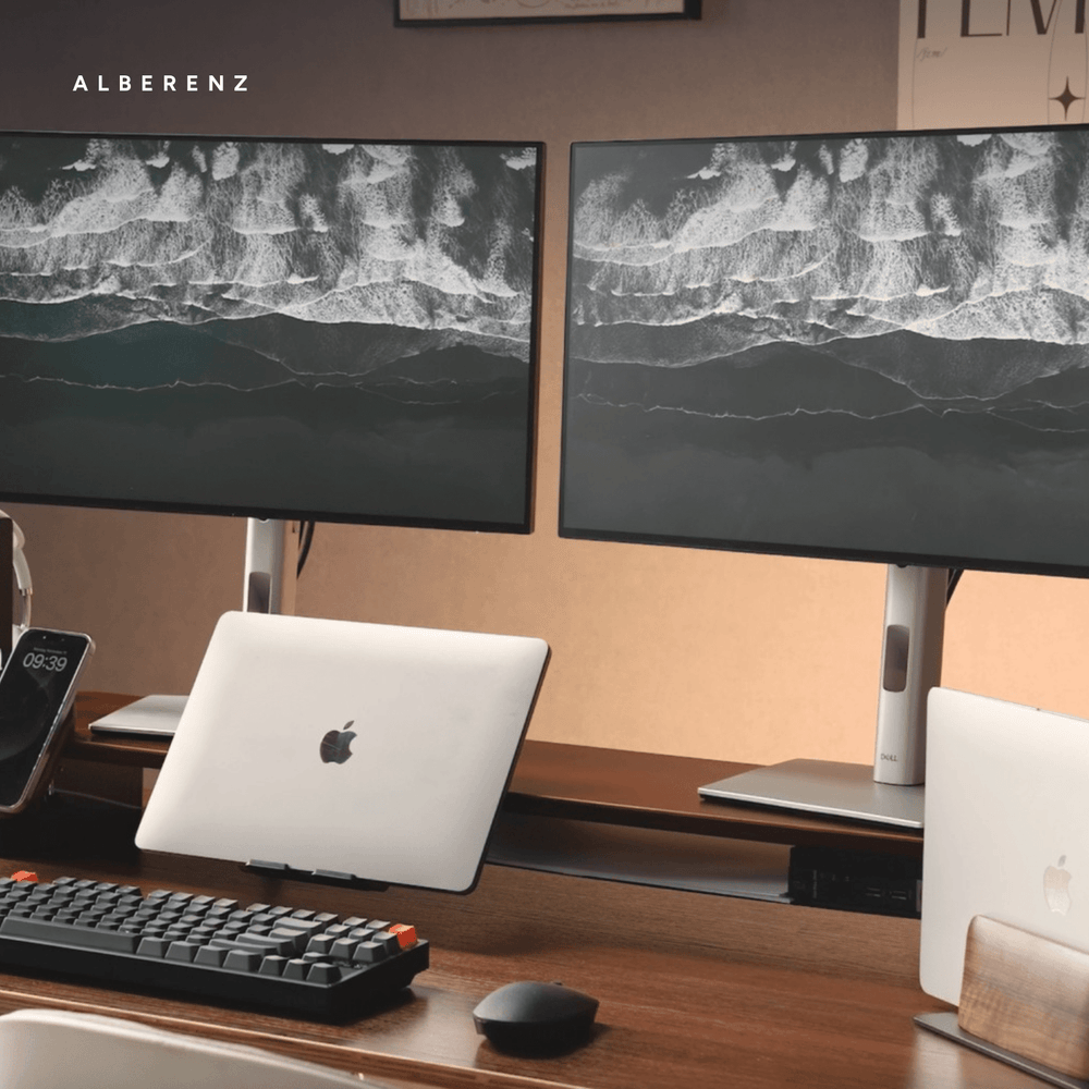 Bundel: monitorverhoger van walnoot + MagSafe-oplader + laptopstandaard + tablethouder + hoofdtelefoonhouder