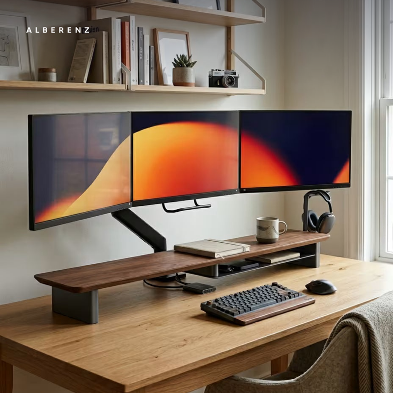 Alberenz® Walnut Wooden Monitor Riser - 2 Monitors