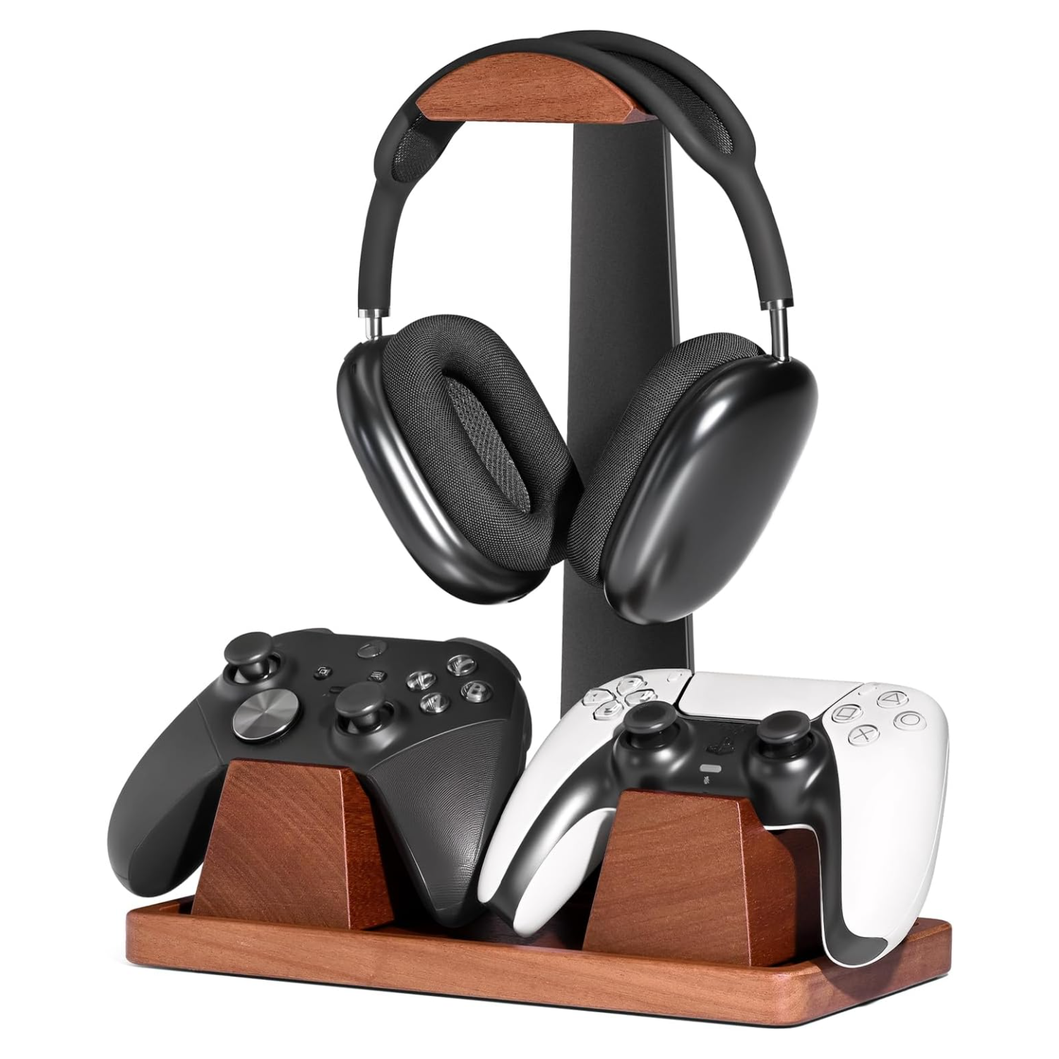 EN 01 — Alberenz wooden headphone stand with controller holder, front view on white
