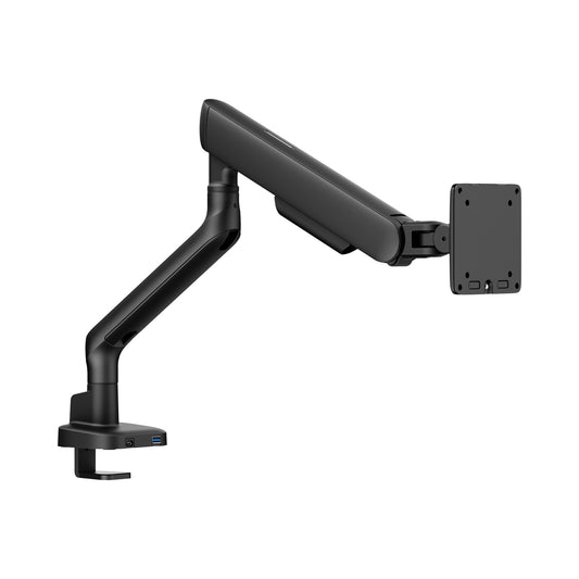 Black adjustable monitor arm on a white background
