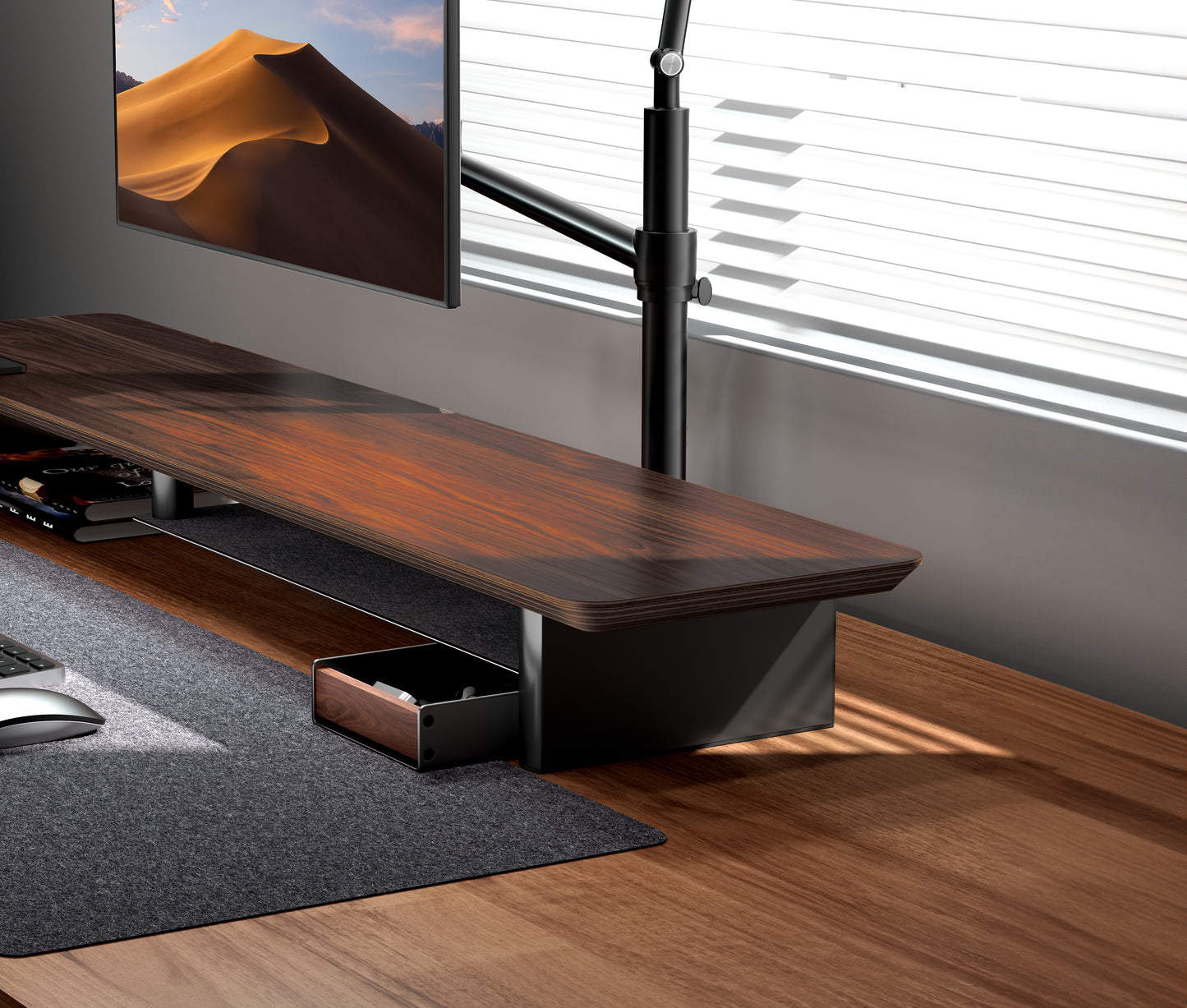Ergo Starter Bundle – Einzel-Monitorarm (Dunkelgrau) + Walnuss-Monitorständer