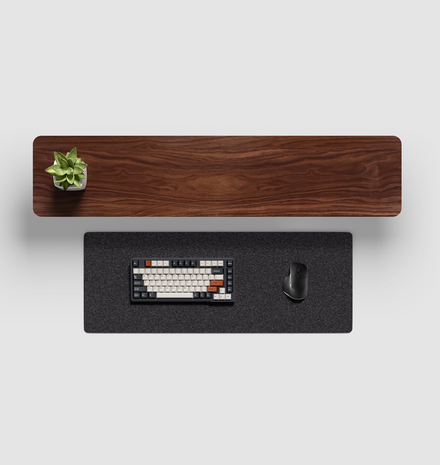 Ergo Starter Bundle – Einzel-Monitorarm (Dunkelgrau) + Walnuss-Monitorständer