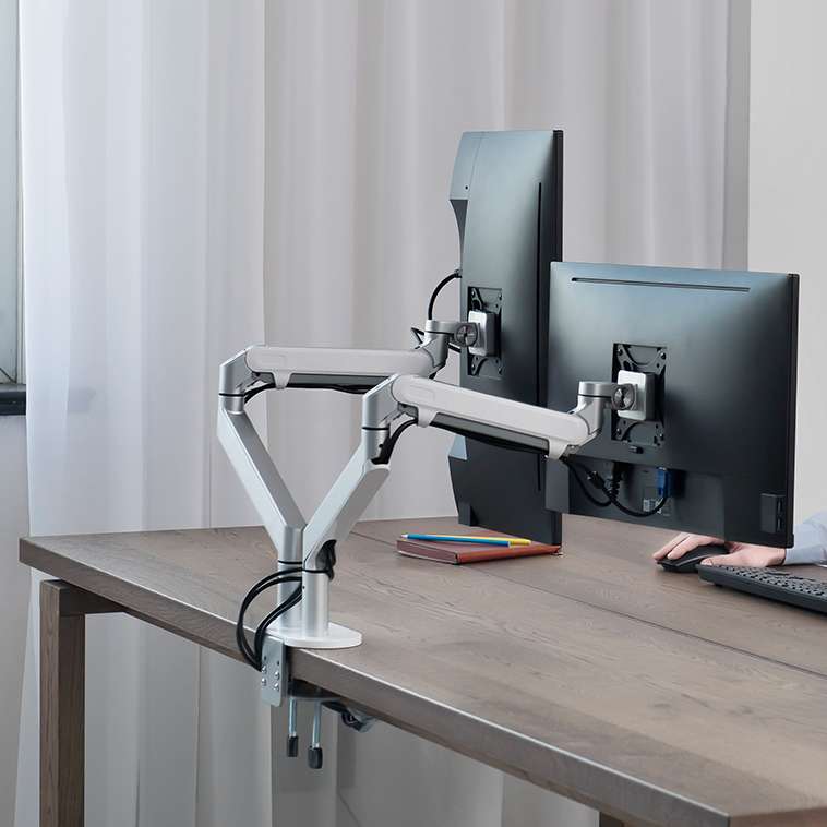Alberenz® Dubbele Monitorarm Met Gasveer Zilver