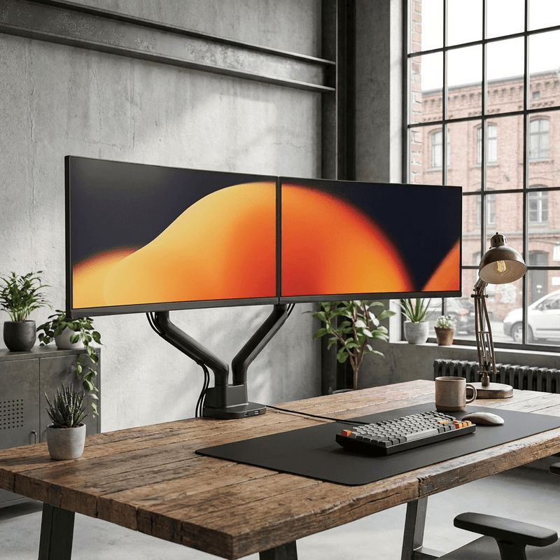 Supporto doppio monitor Alberenz con molla a gas - Fino a 35" - Con USB - Nero