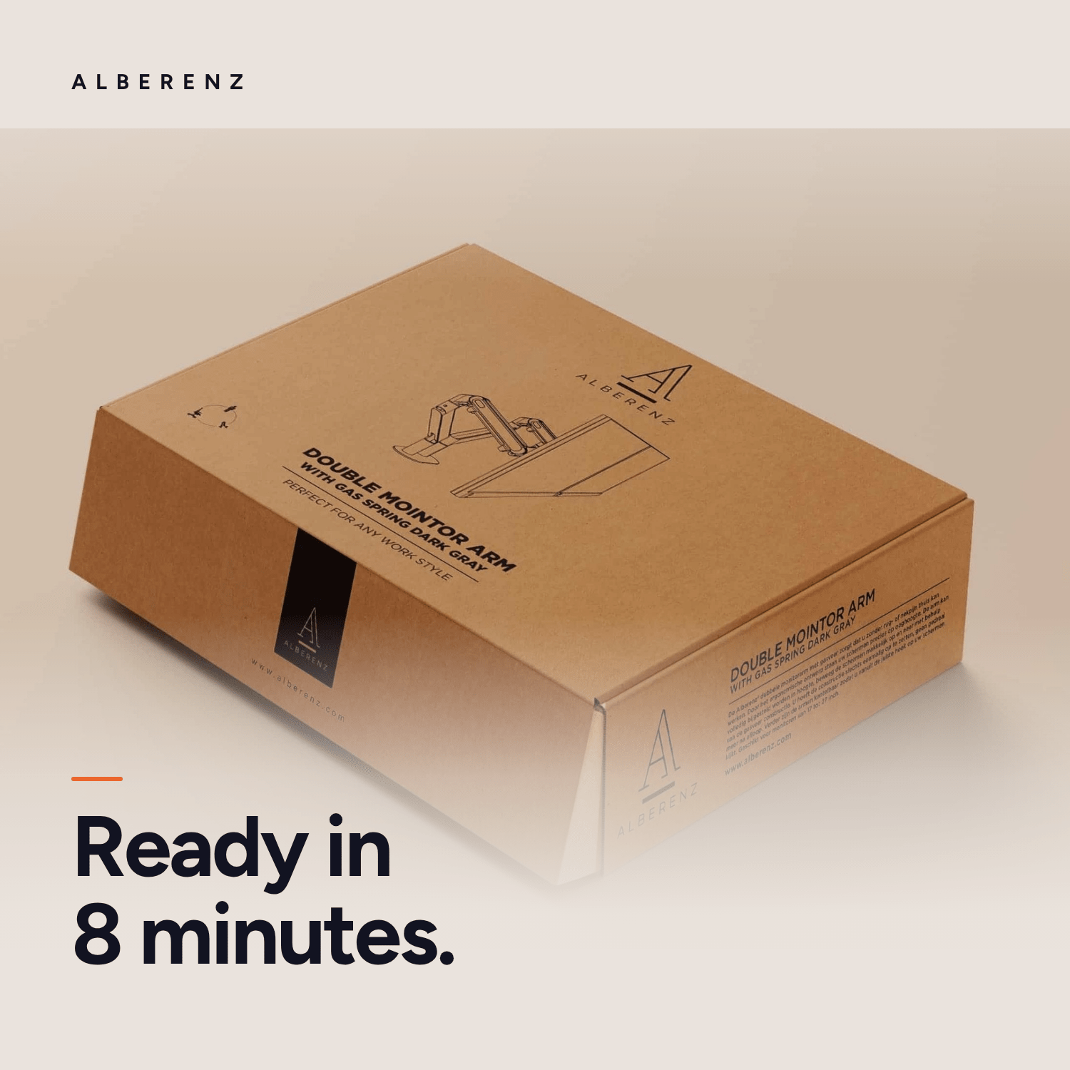 Box of the Alberenz dual monitor arm with gas spring, everything included, assembly in 8 minutes
