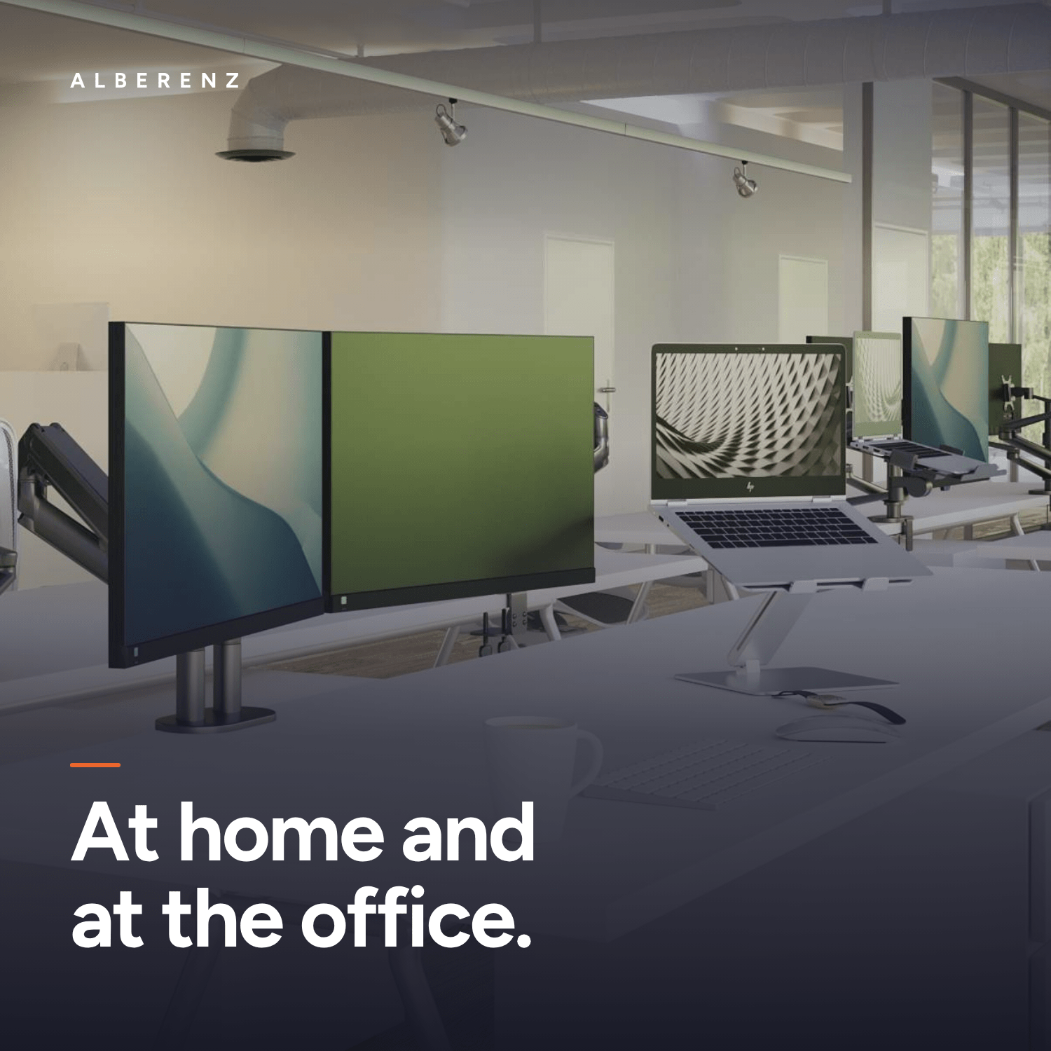 Alberenz dual monitor arms on office workstations, Dutch brand for home and office