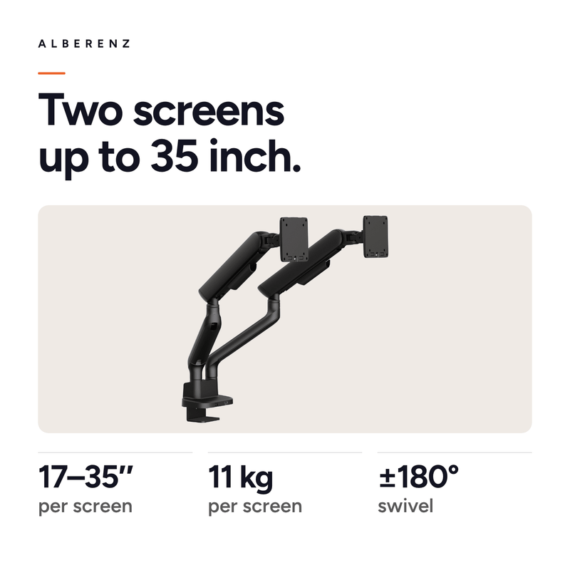 Supporto doppio monitor Alberenz con molla a gas - Fino a 35" - Con USB - Nero