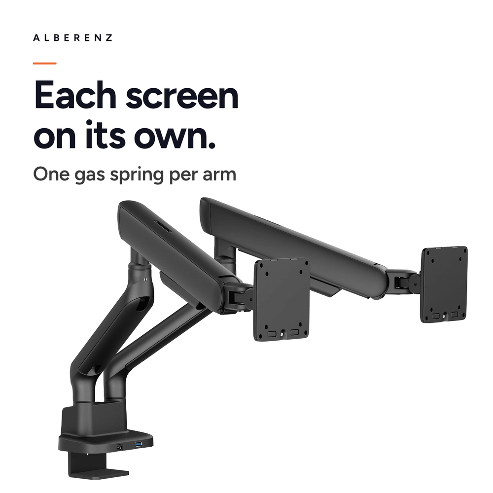 Supporto doppio monitor Alberenz con molla a gas - Fino a 35" - Con USB - Nero