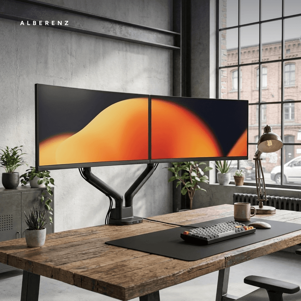Supporto doppio monitor Alberenz con molla a gas - Fino a 35" - Con USB - Nero
