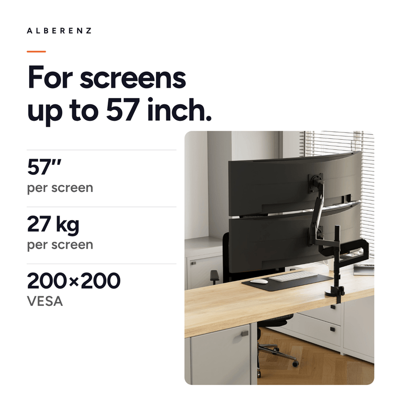 Alberenz® Dubbele Heavy Duty monitorbeugel met gasveer (2 schermen tot 57 inch)