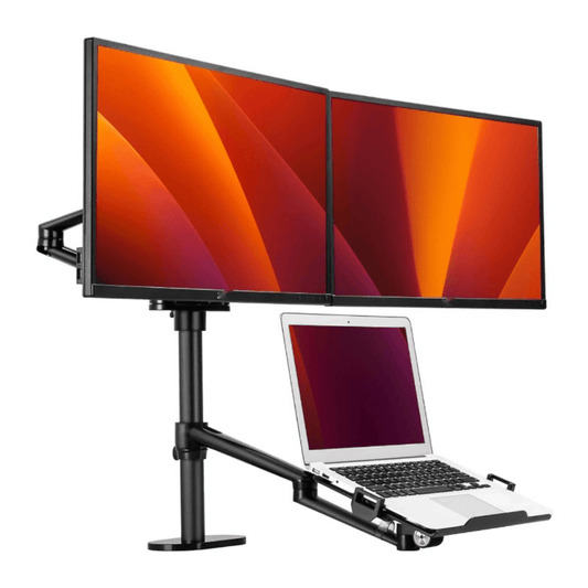 Alberenz dual monitor arm with laptop tray, black: front view with two screens and a laptop