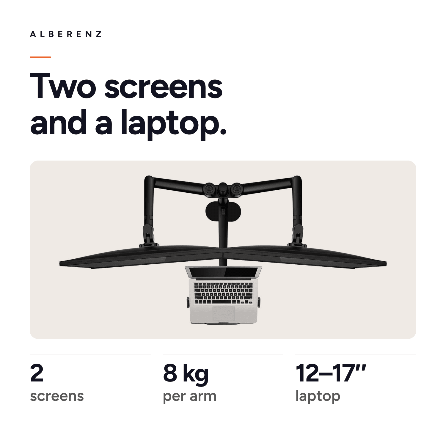 Alberenz dual monitor arm with laptop tray, black: two screens up to 8 kg per arm and a 12 to 17 inch laptop