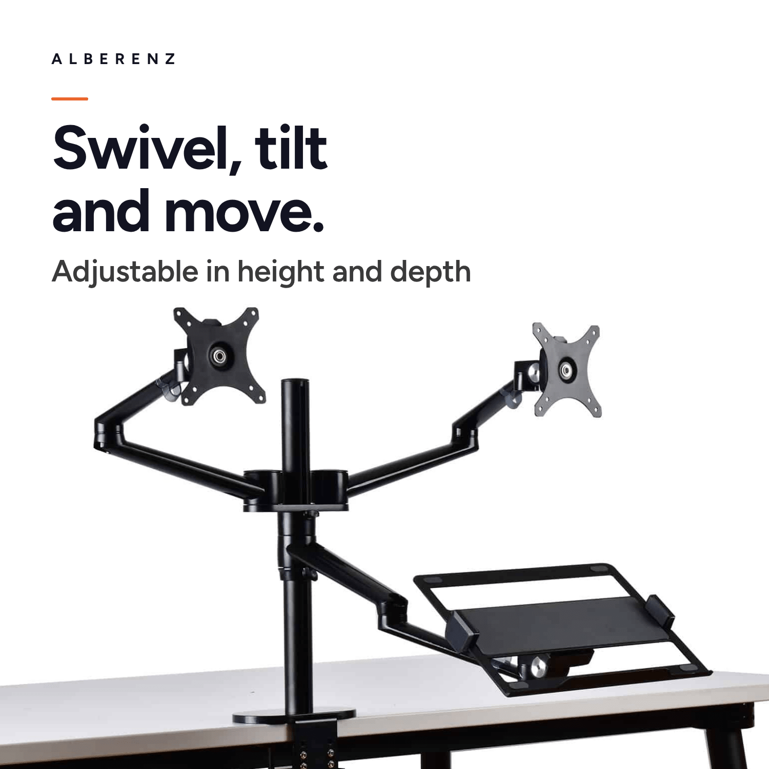 Alberenz dual monitor arm with laptop tray, black: swivel, tilt, adjustable in height and depth