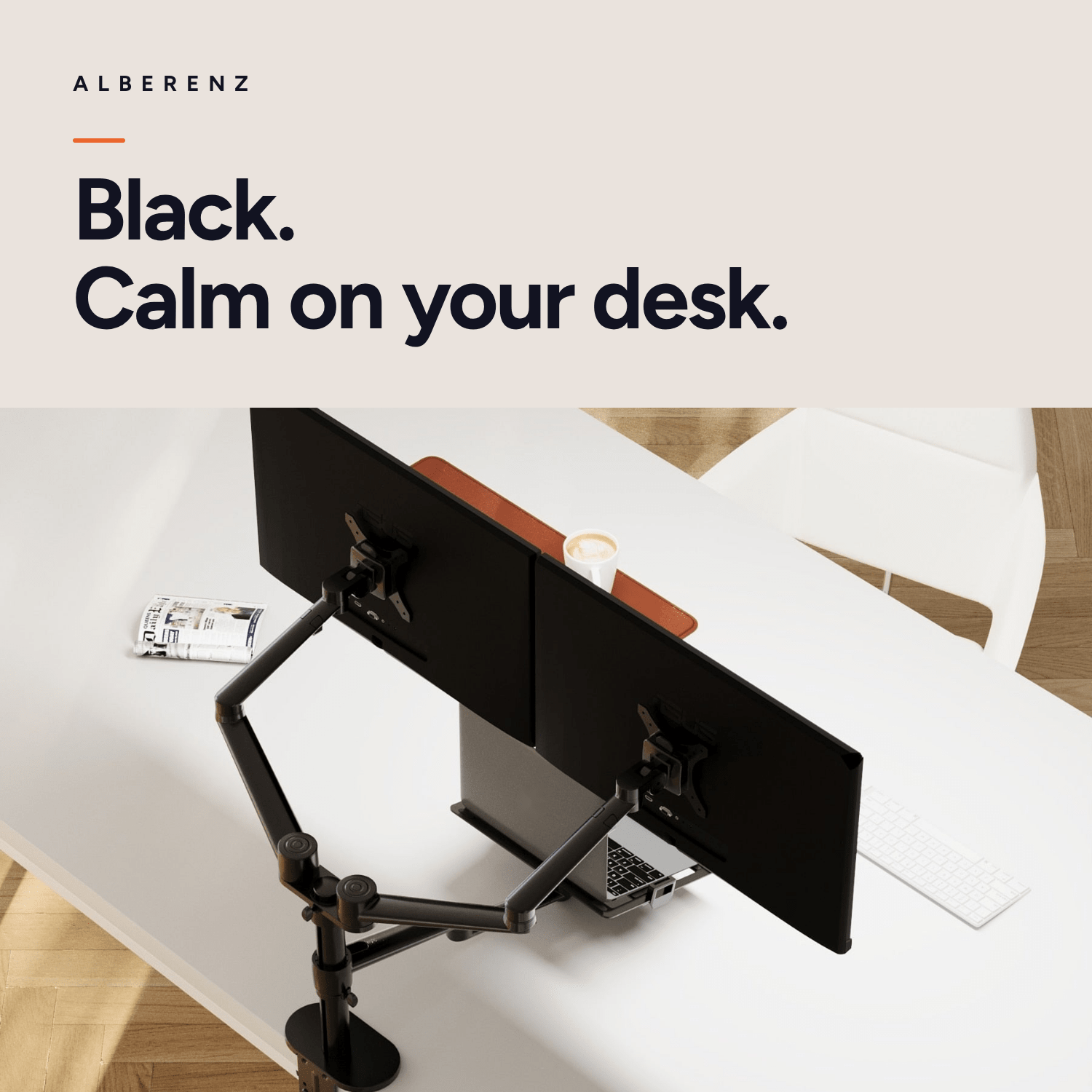 Alberenz dual monitor arm with laptop tray, black: black finish on a light desk