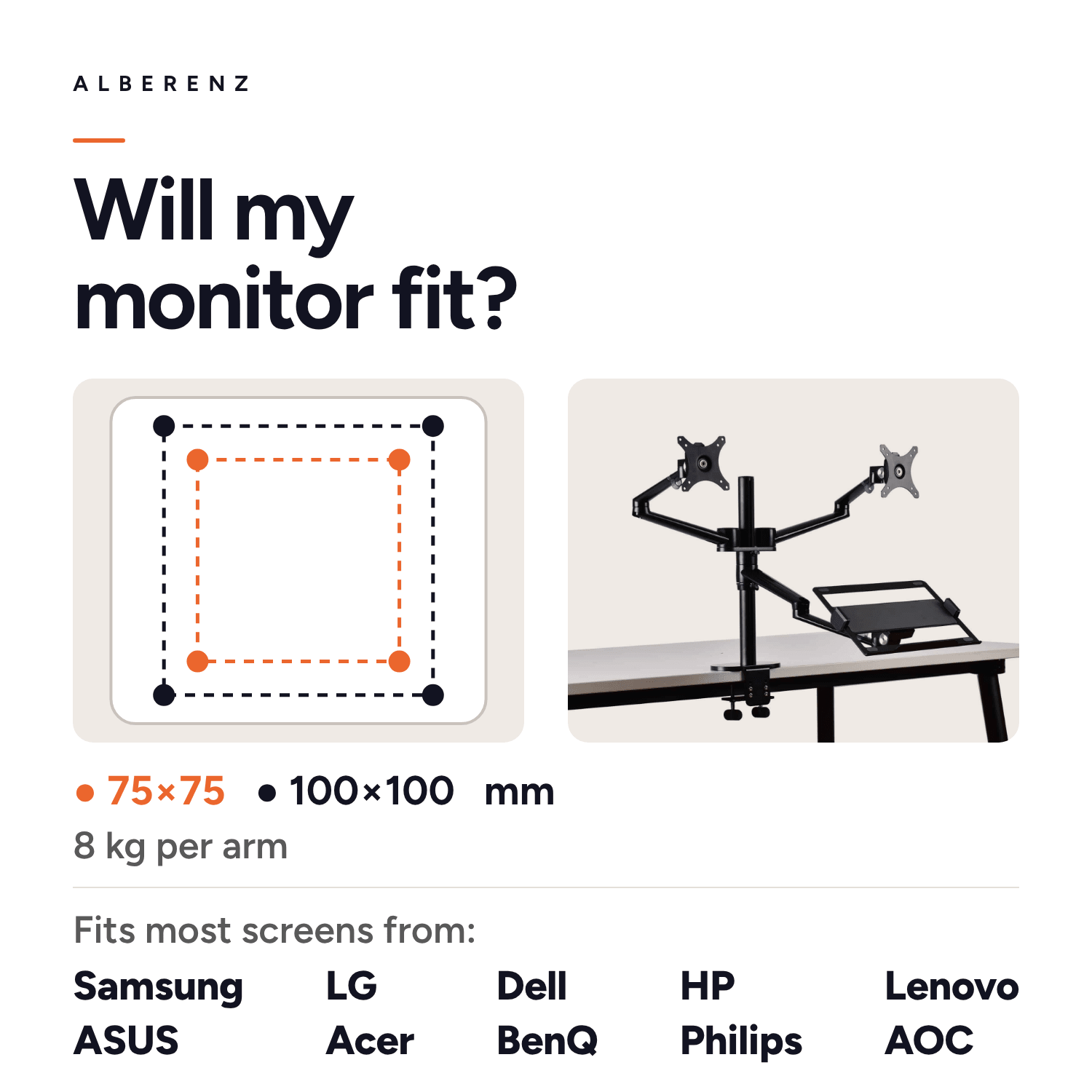 Alberenz dual monitor arm with laptop tray, black: fits monitors from Samsung, LG, Dell, HP and more