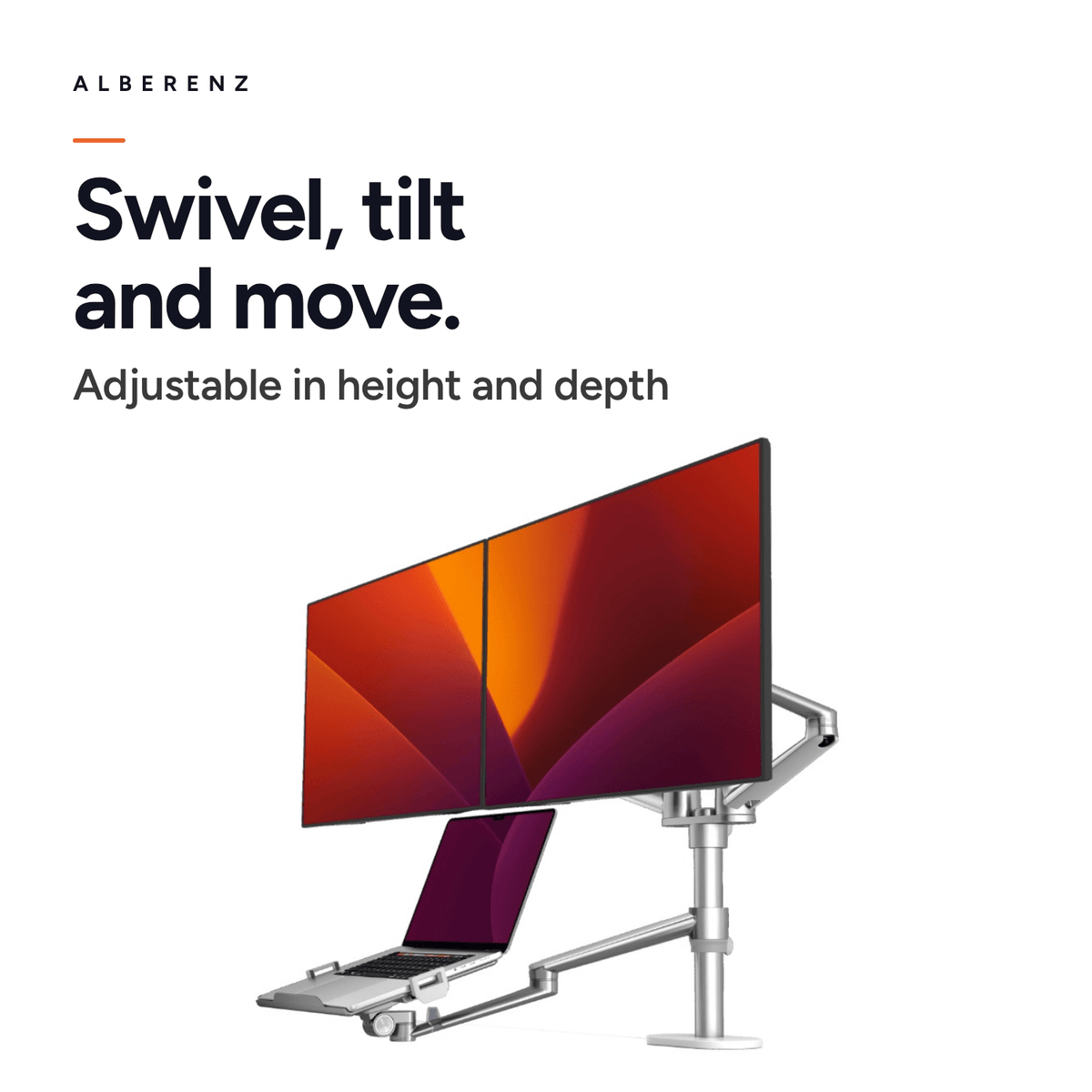 Alberenz dual monitor arm with laptop tray, silver: swivel, tilt, adjustable in height and depth