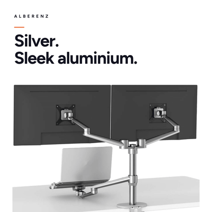 Alberenz dual monitor arm with laptop tray, silver: silver aluminium finish, rear view