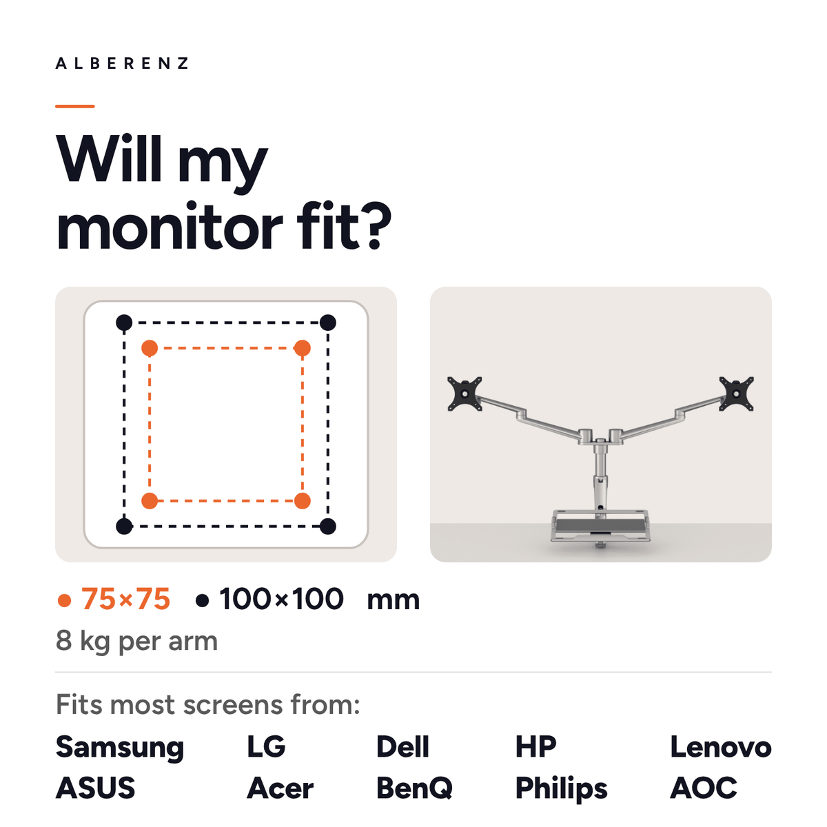 Alberenz dual monitor arm with laptop tray, silver: fits monitors from Samsung, LG, Dell, HP and more