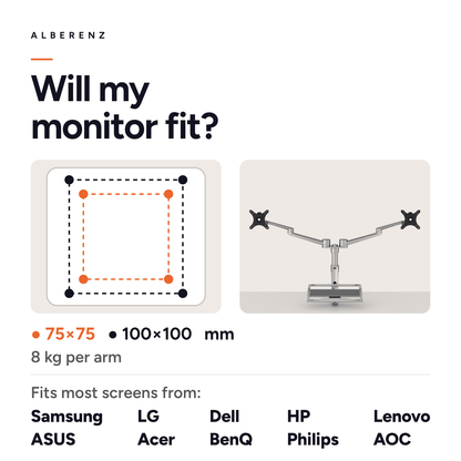 Alberenz dual monitor arm with laptop tray, silver: fits monitors from Samsung, LG, Dell, HP and more