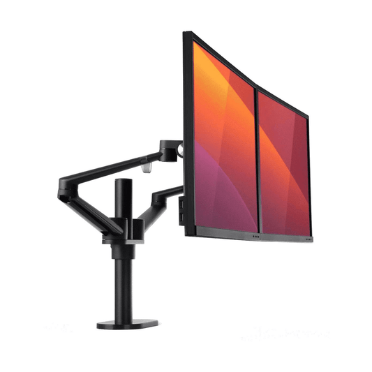 Alberenz dual monitor desk mount, black: front view with two screens