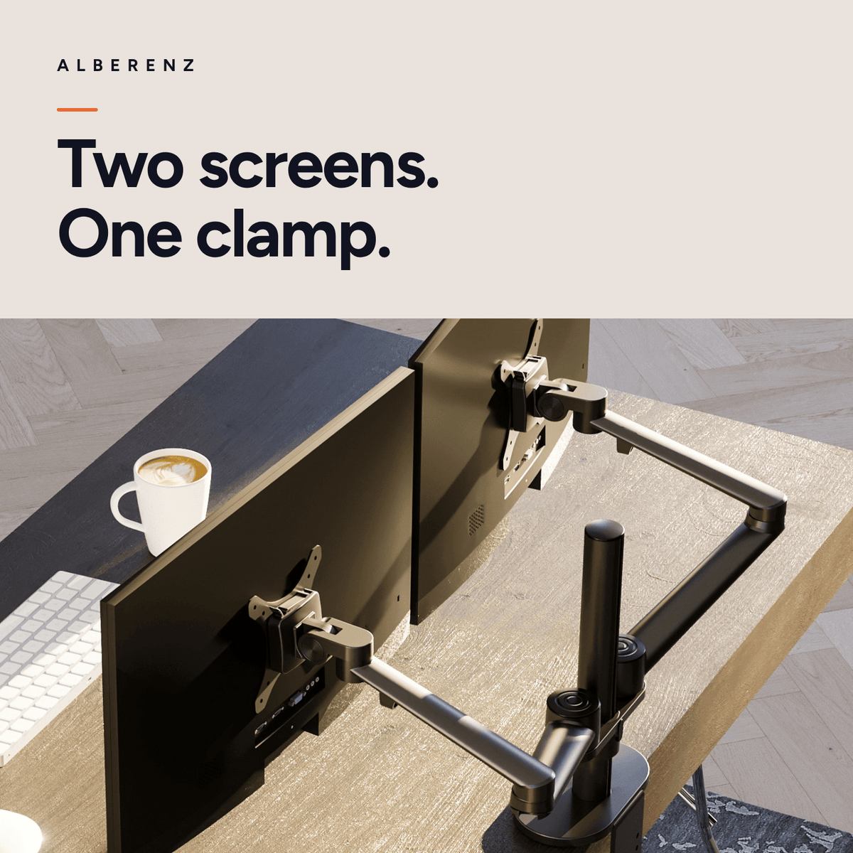 Alberenz dual monitor desk mount, black: two screens above a wooden desk