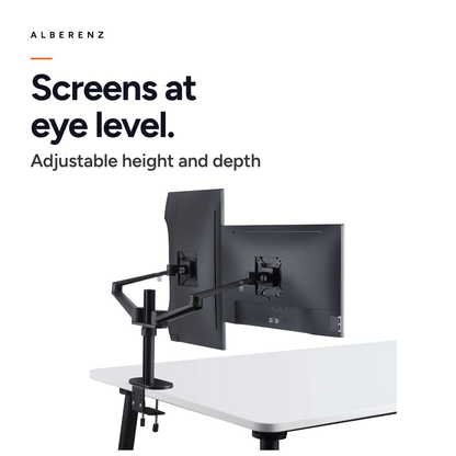 Alberenz dual monitor desk mount, black: screens at eye level, adjustable height and depth