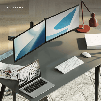 Alberenz dual monitor desk mount, black: desk from above with two screens