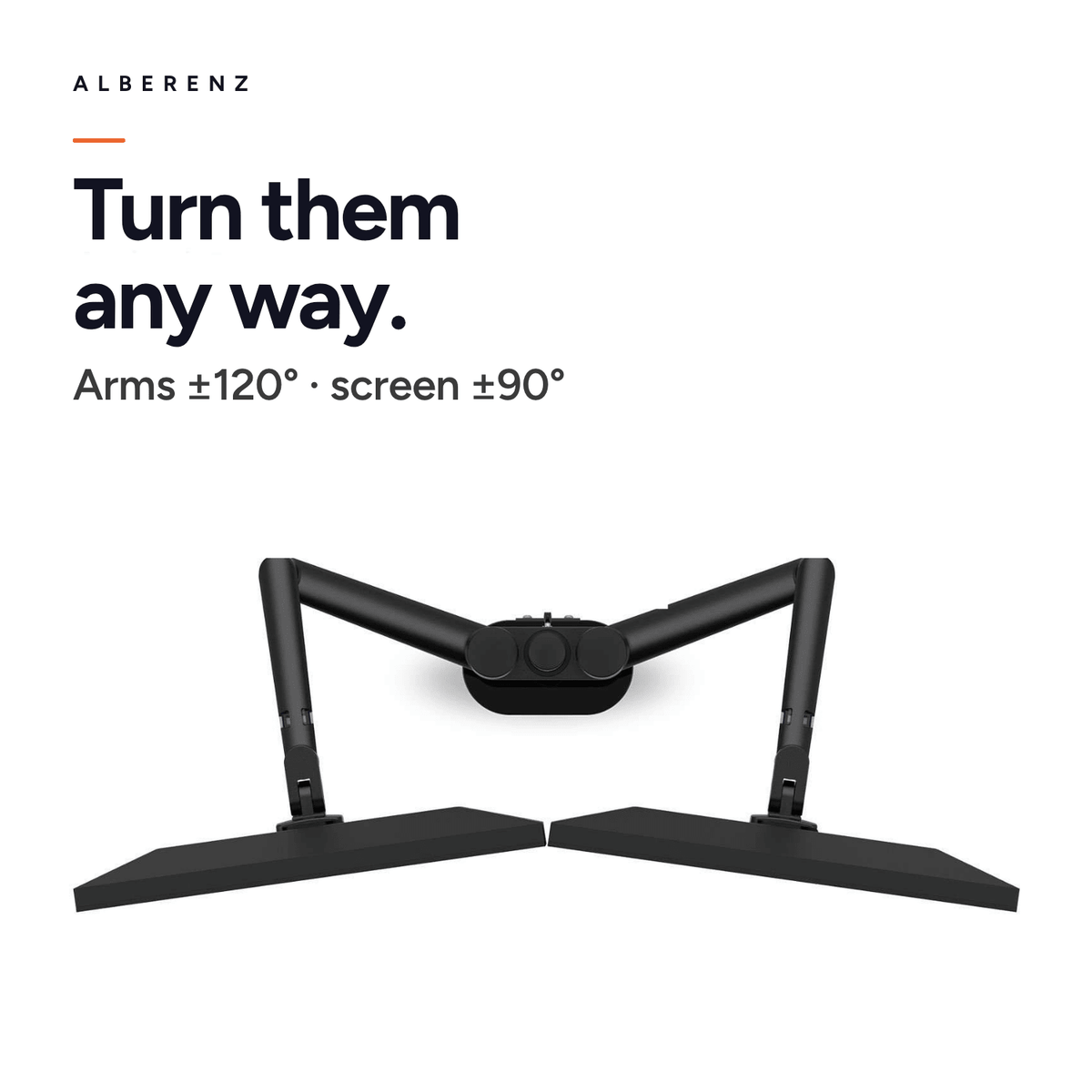 Alberenz dual monitor desk mount, black: top view, arms swivel ±120 degrees