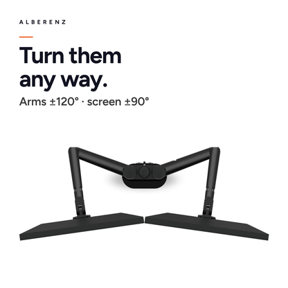 Alberenz dual monitor desk mount, black: top view, arms swivel ±120 degrees