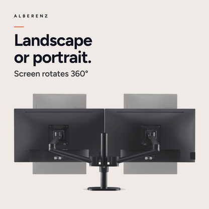 Alberenz dual monitor desk mount, black: screen rotates 360 degrees, landscape or portrait