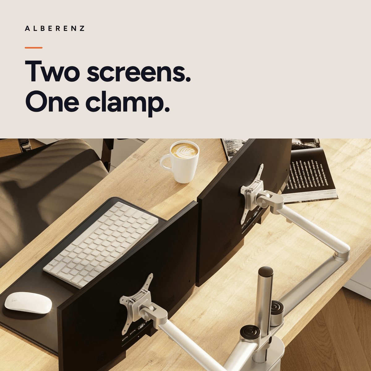 Alberenz dual monitor desk mount, silver: workspace with a light wooden desk and two screens
