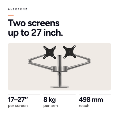 Alberenz dual monitor desk mount, silver: for 2 screens from 17 to 27 inch, up to 8 kg per arm