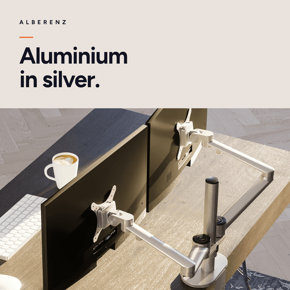Alberenz dual monitor desk mount, silver: close-up of the silver aluminium finish