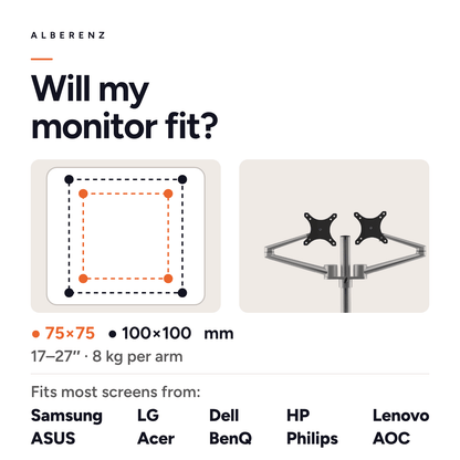 Alberenz dual monitor desk mount, silver: fits monitors from Samsung, LG, Dell, HP and more