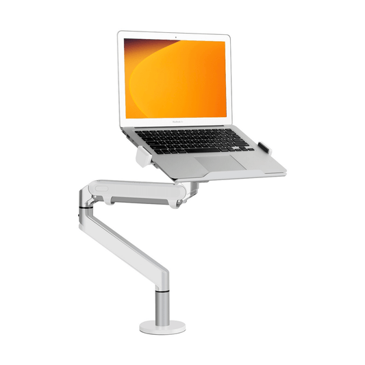 Alberenz gas spring laptop arm, silver: front view with a laptop