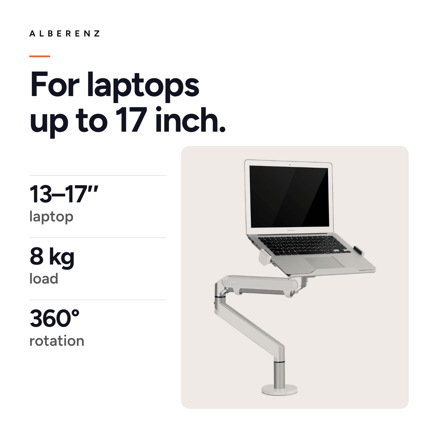 Alberenz gas spring laptop arm, silver: for laptops from 13 to 17 inch, up to 8 kg, 360 degree rotation