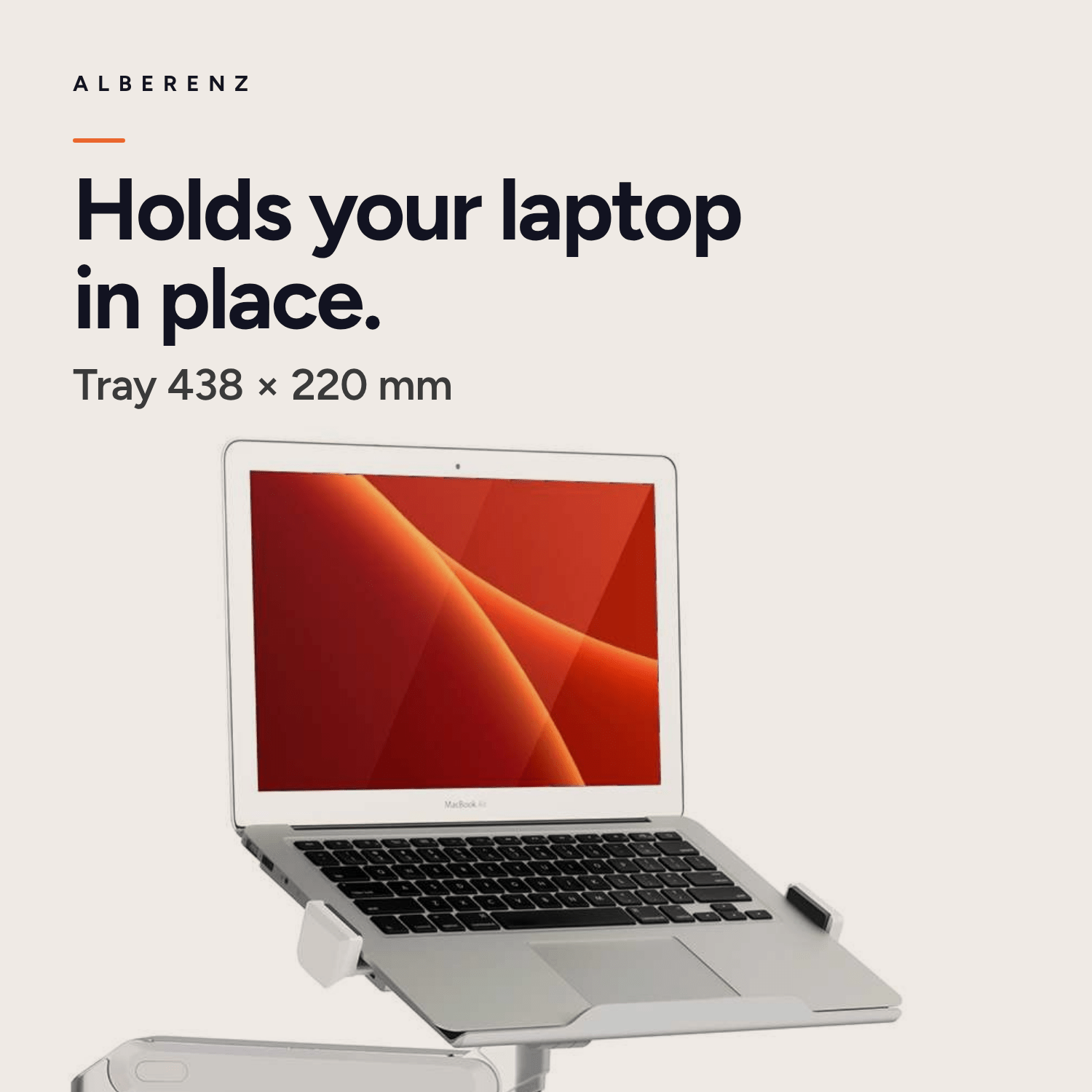 Alberenz gas spring laptop arm, silver: 438 x 220 mm tray with side clamps that hold the laptop