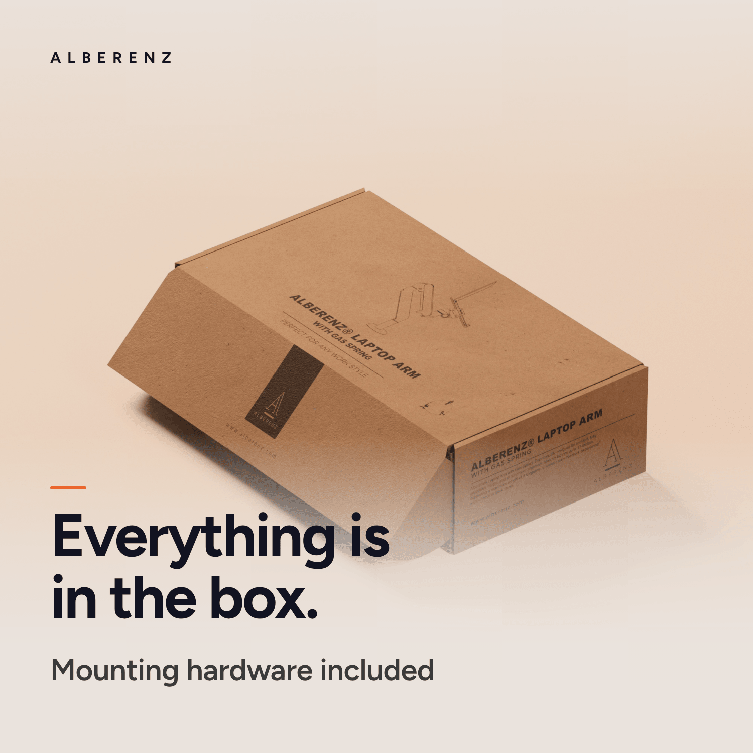 Alberenz gas spring laptop arm, silver: box with mounting hardware