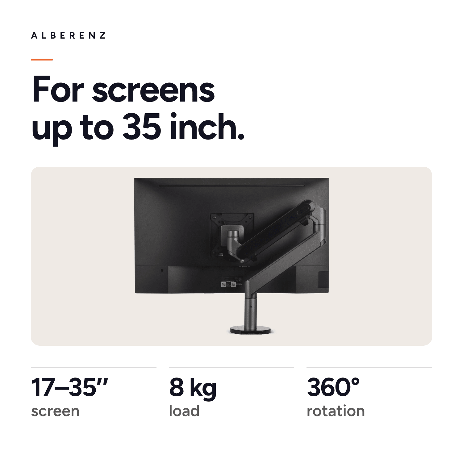 Alberenz gas spring monitor arm, dark grey: for screens from 17 to 35 inch, up to 8 kg, 360 degree rotation