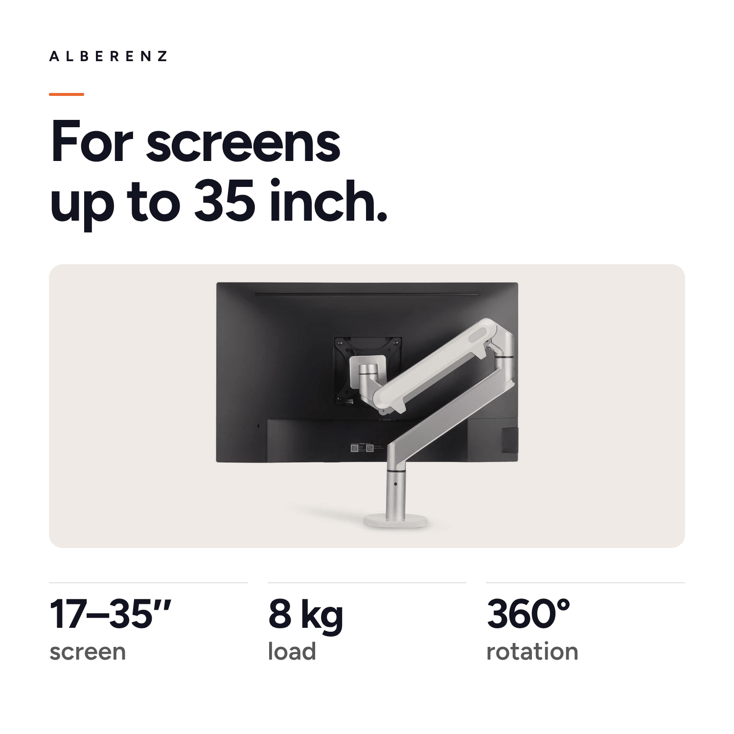 Alberenz gas spring monitor arm, silver: for screens from 17 to 35 inch, up to 8 kg, 360 degree rotation