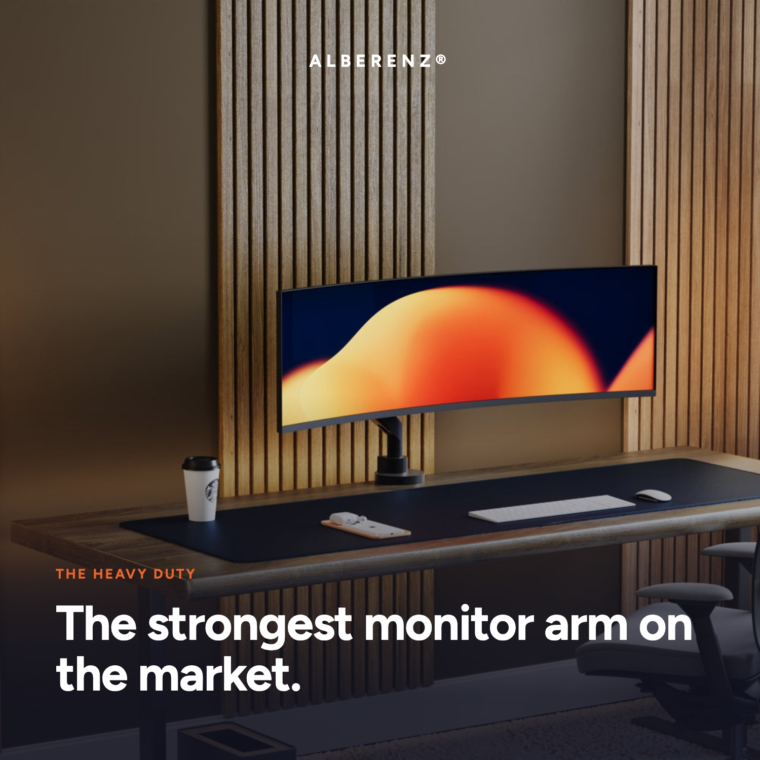 Alberenz Heavy Duty ultrawide monitor arm holding a 49 inch screen on a desk
