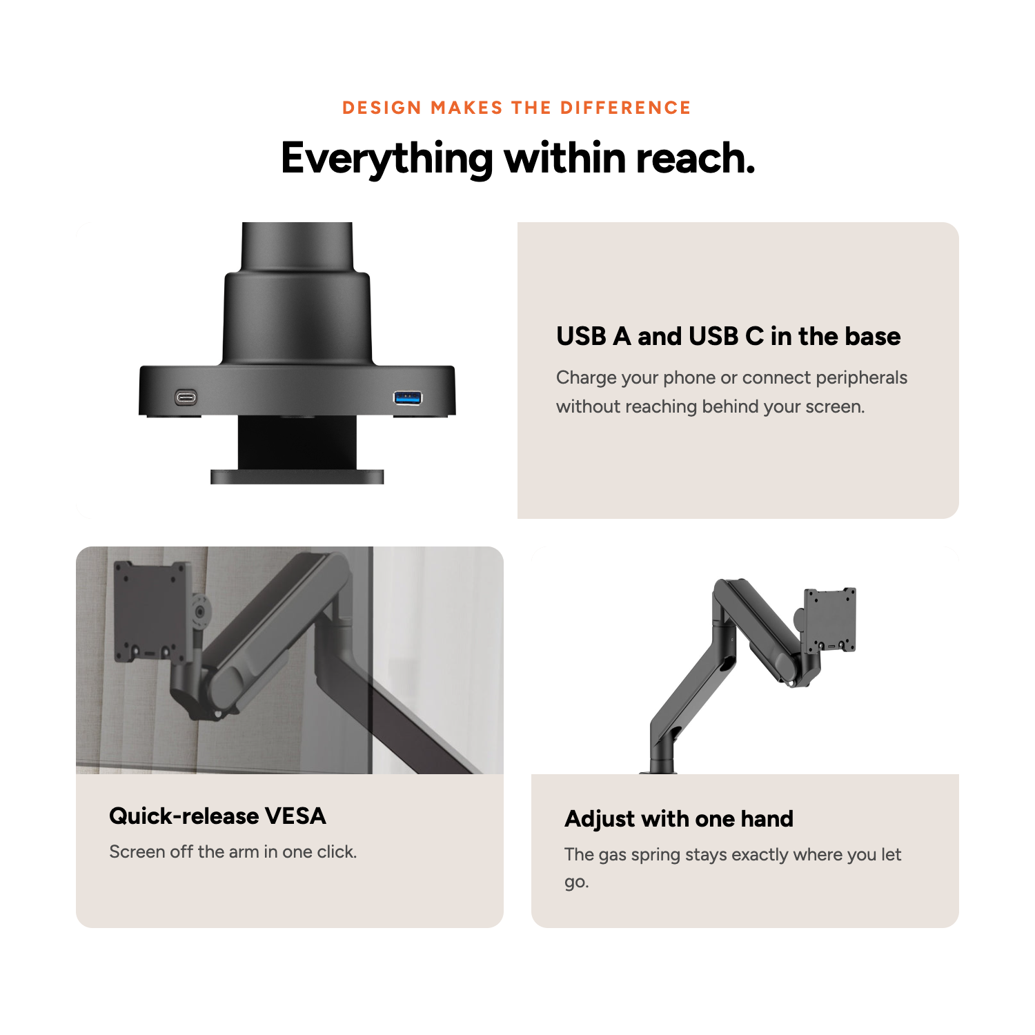 USB A and USB C in the base, quick-release VESA plate and one-handed adjustment